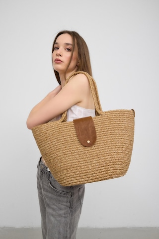 Shule Bags Duffy Kapaklı Handmade Hasır Tote Çanta Vizon Vizon