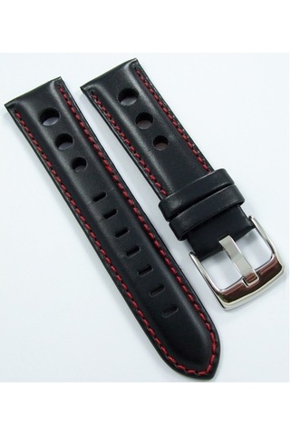 Bizon Siyah Deri Saat Kordonu 24Mm Kırmızı Dikişli Delikli Kayışı