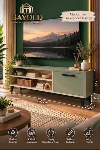 Pınar Modern Tv Ünitesi - Kum Beji - Su Yeşili - 120 Cm -tv Sehpası Kapaklı Raflı Çok Renkli - 931105561 Çok Renkli