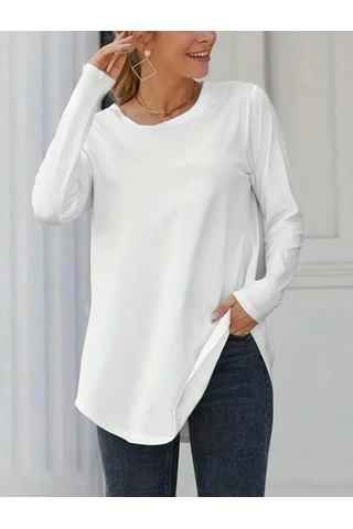Pazarella Kadın Uzun Kollu Yuvarlak Yaka Salaş Iki Iplik Bluz Beyaz