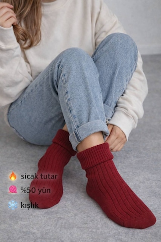 Perili Yün Bot Çorabı Bordo Bordo