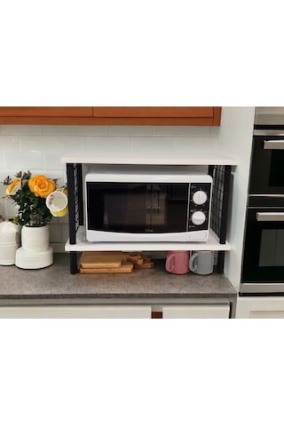 Huzurlu Mutfak Rafı Mikrodalga Rafı Tezgah Üstü Raf Baharatlık 2 Raflı Düzenleyici 6 Kanca Hediyeli Beyaz