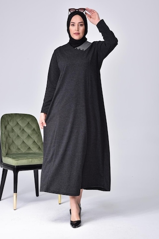 Kadin Buyuk Beden Ay Yaka Anne Elbise Uzun Tesettur 001