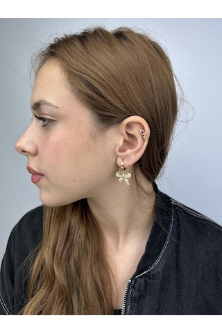 Zirkon Taşlı, Kurdela Figürlü, Paslanmaz Çelik Küpe, Altın Renk Altın