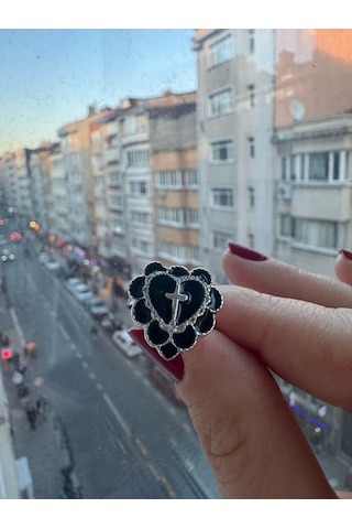 Gotik Kalp Haç Model Siyah Ayarlanabilir Yüzük