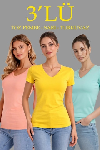 Tarzyeri Kadın V Yaka Tişört Kısa Kol Slim Fit T-shirt 3'lü Set Toz Pembe-sarı-turkuvaz Çok Renkli