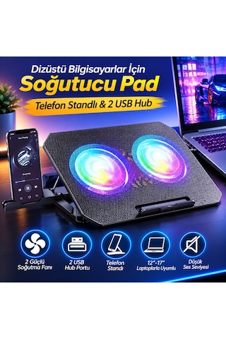 Asus Vivobook Go 15.6'' Uyumlu Çift Fanlı Laptop Soğutucu Stand Telefon Standlı, 2 Usb Hub