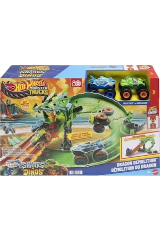 Hot Wheels Monster Trucks Sharks Vs Dinos Dragon Demolition Track Set Jfr06