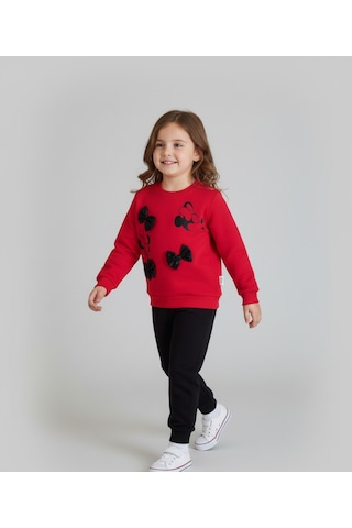 Minnie Mouse Baskılı Ve Fiyonk Detaylı Kırmızı Sweatshirt Siyah Eşofman Altı Kız Çocuk Takımı Kırmızı