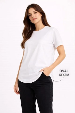 Efnaz Style Basic T-shirt Kısa Kol Bisiklet Yaka Oval Kesim Tişört - Beyaz