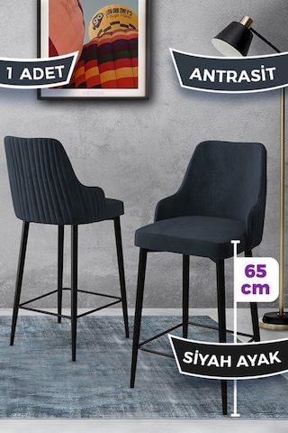 Canisa Tera Serisi 1 Adet 65 Cm Antrasit Ada Mutfak Bar Sandalyesi Babyface Kumaş Siyah Metal Ayaklı Sandalyeler Antrasit Ayaklar Siyah