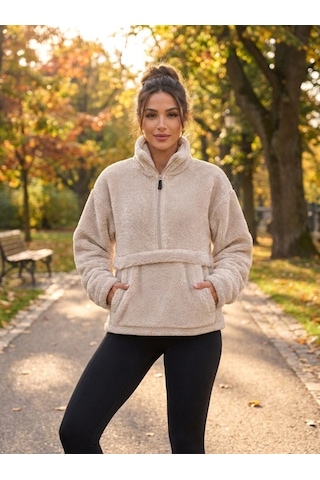DefyModa Kadın Yarım Fermuarlı Kanguru Cepli Peluş Wellsoft Sweatshirt Bej