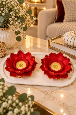 Kırmızı Lotus 2 Li Dekoratif Mumluk Seti Gold Detaylı El Yapımı Kırmızı Kırmızı Lotus 2 Li Dekoratif Mumluk Seti Gold Detaylı El Yapımı Kırmızı