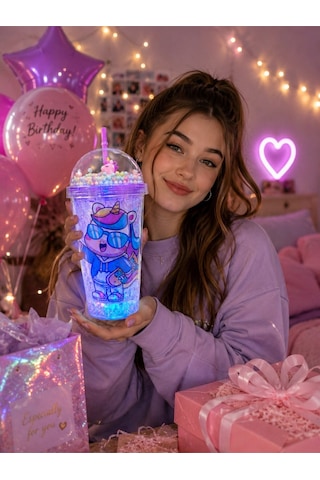 450 Ml Led Işıklı Pipetli İçecek Bardağı Boncuklu Sevimli Unicorn Tasarımlı Suluk Mavi 2646