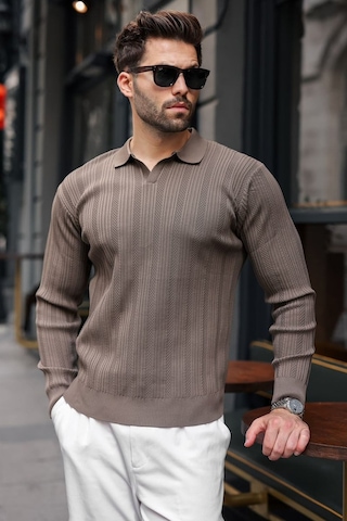 Madmext Açık Kahve Polo Yaka Desenli Over Fit Erkek Triko Kazak E7517 Açık Kahverengi