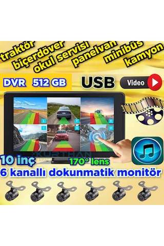 6 Ch 10 İnç 512 Gb Dokunmatik Usb Bsd Dvr Ekran Ledsiz Kelebek Kamera 170'' Ahd 720p Rca 12 Volt