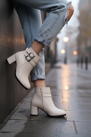 Kadın Hermina Çift Tokalı Kısa Bot Bej Deri