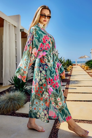 Remsa Tesettür Mayo Üzerine Tek Kaftan Kimono Pareo Yeşil Rp026 Patara Yeşil