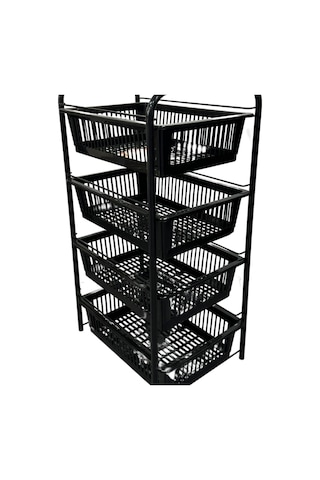 Ece Metal 4 Plastik Raflı Tekerlekli Siyah Sebzelik Meyvelik Organizer