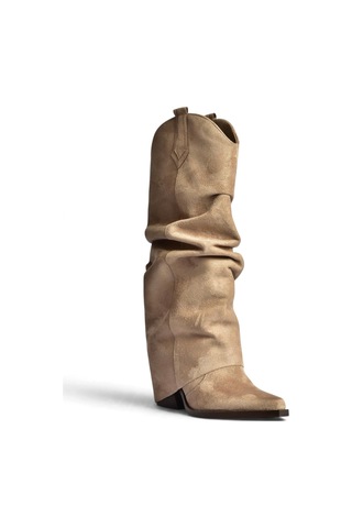 Fox Shoes Z820931002 Vizon Süet Kalın Topuklu Kadın Çizme