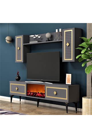 Nil Şömineli Tv Ünitesi Antrasit-altın