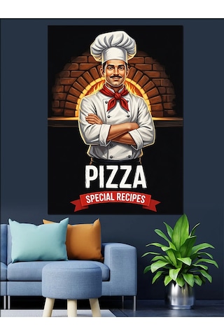 Fırın Önünde Pizza Ustası Şef Aşçı " Özel Pizza Tarifleri" Sloganlı Afiş Dekoratif Kanvas - Mdf Ahşap Tablo