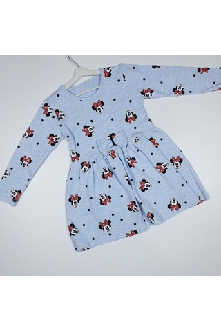 Momikon Minnie Mouse Baskılı Uzun Kollu Pamuklu Açık Mavi Elbise Açık Mavi