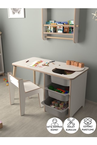 Çocuk Oyun Ve Aktivite Masası - 1 Sandalye - Gri Sepetli Beyaz-gri Beyaz - Gri