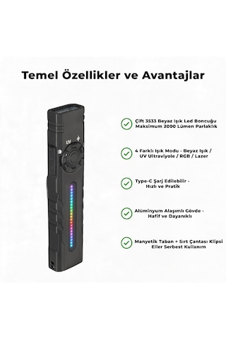 İdragon T61s Çok Fonksiyonlu Mıknatıslı Uv Ve Yeşil Lazerli Edc El Feneri - 2000 Lümen, Rgb Işıklı, Type-c Şarjlı Taktiksel Kamp Feneri Çok Renkli