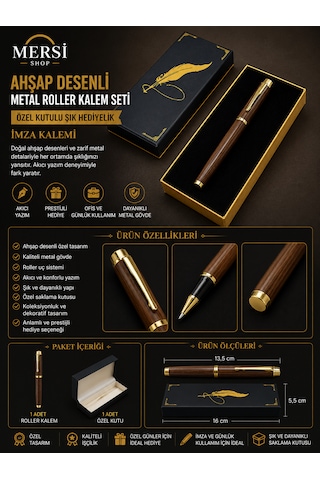 Ahşap Desenli Metal Roller Kalem Seti Özel Kutulu Şık Hediyelik İmza Kalemi Kahverengi