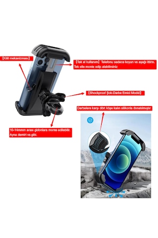 Cr08 Vespa, Arora Cappuccino, Lambretta, Peugeot Modelleri ile Uyumlu Motor, Bisiklet, Motosiklet Telefon Tutucu 10-14mm Genişlikteki Barlar İçin, Kilit Sistemli, Şok Emici Damperli, Tek El Kullanımlı, Titreşim Önleyicili