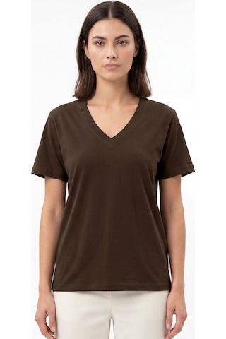 Goffra Kadın Vision V Yaka Premium Kalite Yoğun Dokulu Pamuklu T-shirt Kahverengi W102-r0220-07