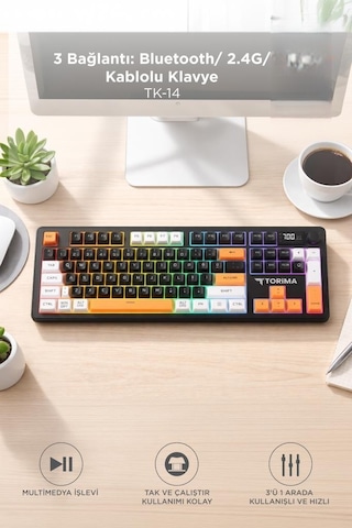 Torima TK14 Oyuncu Klavyesi RGB Işıklı Dijital Ekranlı 3 Modlu Mekanik Hisli Kablosuz Klavye