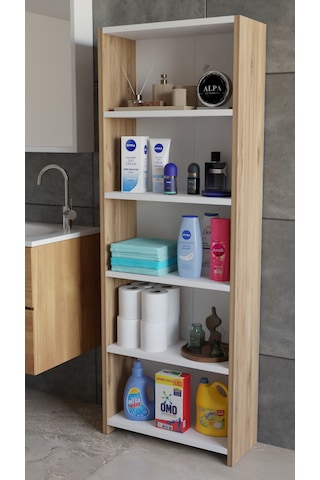 Banyo Çamaşır Dolabı 5 Raflı 150 Cm Çok Amaçlı Saklama Ve Düzenleyici Raf Atlantik Çam - Beyaz