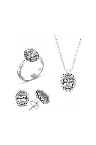 Sertifikalı Swarovski Oval Kesim Tek Taş 925 Gümüş Set