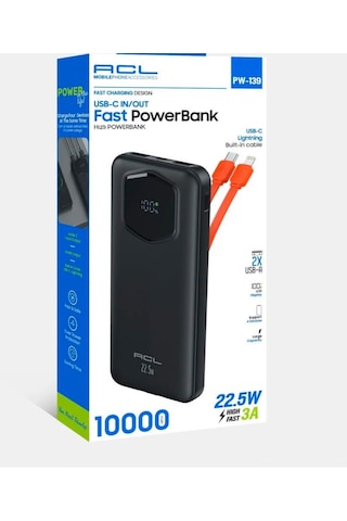 Acl Pw 139 10000 Mah 22.5w Hızlı Şarjlı Powerbank Dahili Type-c & Lightning Kablolu Siyah