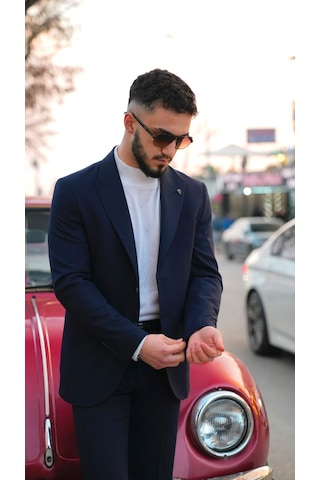 Dupont Classics Dupont Slim Fit Sivri Yaka 6 Drop Çift Yırtmaç Torba Cep Puntolu 2'li Takım Elbise Lacivert