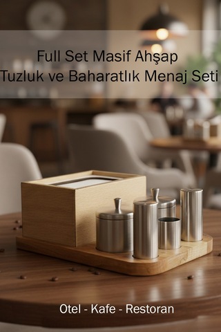 Tam Set Masif Ahşap Otel Restoran Kafe Lokanta Baharatlık Tuzluk Menaj Seti Paslanmaz Çelik Diğer
