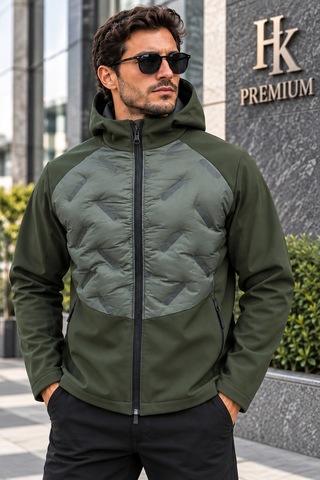 Hk Premium Erkek Parmak Baskı Kapitone %100 Polyester Hibrit Softshell Kapüşonlu Şişme Mont Haki