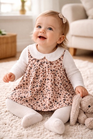 Uğur Bebe Yumuşacık Leopar Desenli Jile Elbise & Bebe Yaka Fitilli Body Kombin %95 Pamuk Bayramlık Kız Çocuk Leopar Leopar