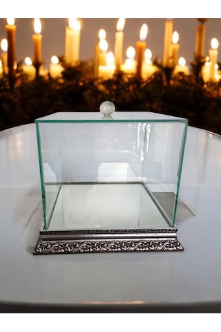 Cam İşlemeli Gümüş Söz Nişan Bohça Kutusu 25 25 Cm