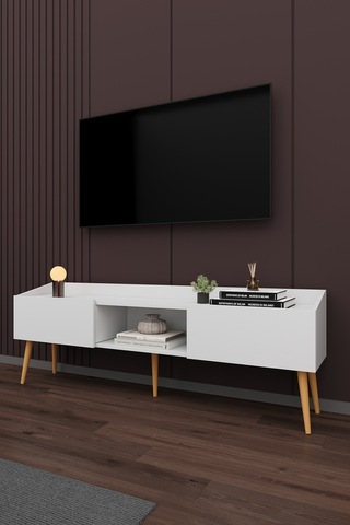 Asra Trend Tv Ünitesi Tv Sehpası T-28 %100 MDF Ayaklı Modern Medya Ünitesi Beyaz