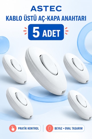 Astec Kaliteli Ara Puar Anahtar Beyaz Kablo Üstü Aç Kapa Düğmesi 5 Adet