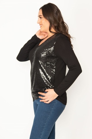 Kadın Siyah Yarısı Pul Payet Detaylı V Yaka Bluz 65n30422-siyah Siyah