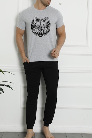 Erkek Pijama Takımı Kısa Kollu Cepli Pamuk 3 Lu Set Bermuda Şort Kurt Baskılı Gri Nıc1059 R09 Gri