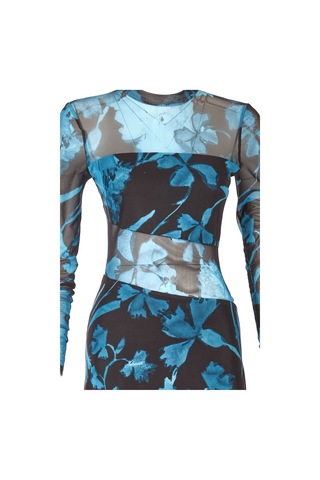 Explosion Uzun Kol Midi Şeffaf Elbise - Çiçek Desenli - Bohemian Stil Turkuaz