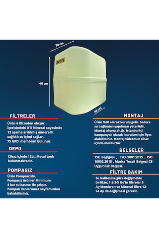 13 Aşamalı 12 Litre Beyaz Kapalı Kasa Pompasız Su Arıtma Cihazı