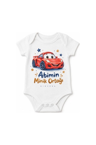 Gıovera Abimin Minik Ortağı Spor Araba Baskılı Beyaz Pamuklu Bebek Zıbın Body