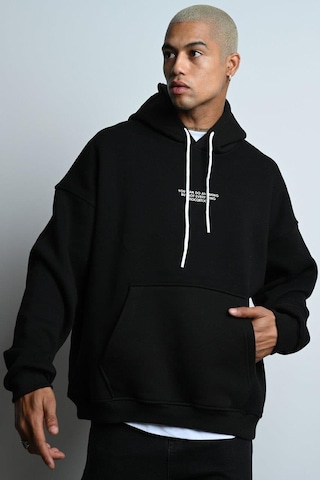 Oversize Kapşonlu Kanguru Cepli İçi Polarlı 3 İplik Erkek Sweatshirt Siyah