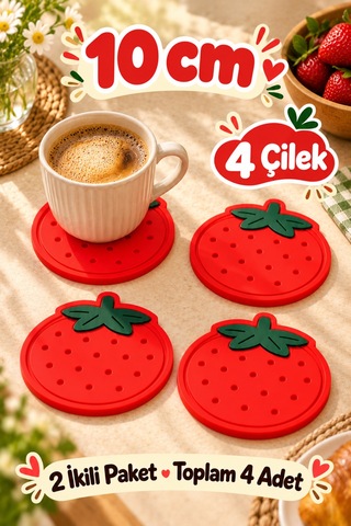 4'lü Çilek Desenli Bardak Altlığı Seti 10 Cm Kahve Ve Çay Fincan Altlığı Renkli Masa Sunum Aksesuarı Çok Renkli